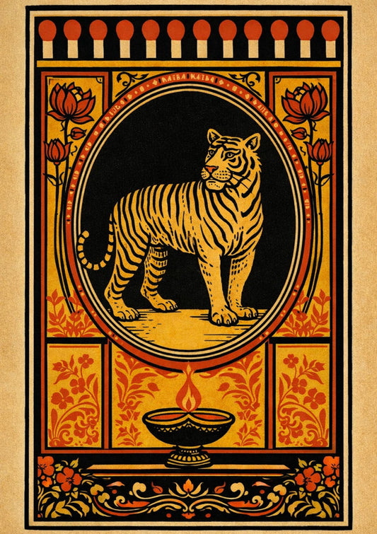 Vintage Bengal Tiger Art Print Retro Matchbox Label Poster Indian Style Illustration Aesthetic Wall Decor Yoga Studio Gift
