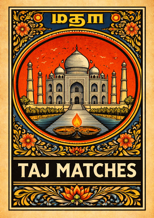 Taj Mahal Vintage Matchbox Art Print Retro Indian Style Travel Poster Aesthetic Wall Decor Taj Matches Illustration World Wonder Gift