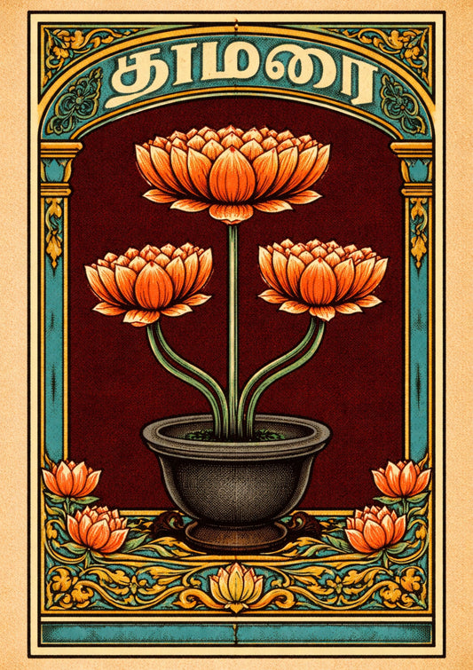 Vintage Lotus Flower Art Print Retro Matchbox Label Poster Indian Style Botanical Illustration Aesthetic Wall Decor Yoga Studio Gift