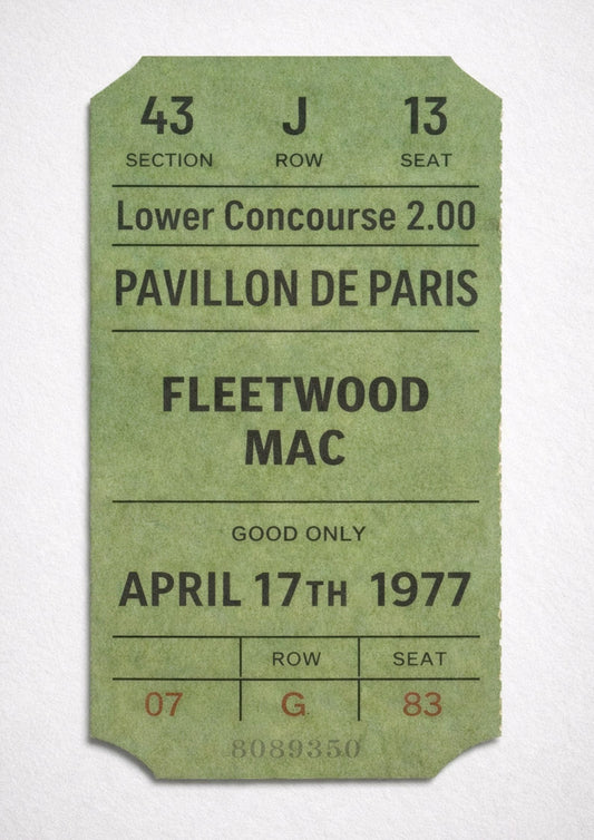 Vintage Fleetwood Mac Ticket Stub Print 1977 Paris Concert Poster Retro Music Wall Art Classic Rock Fan Gift Pavillon de Paris