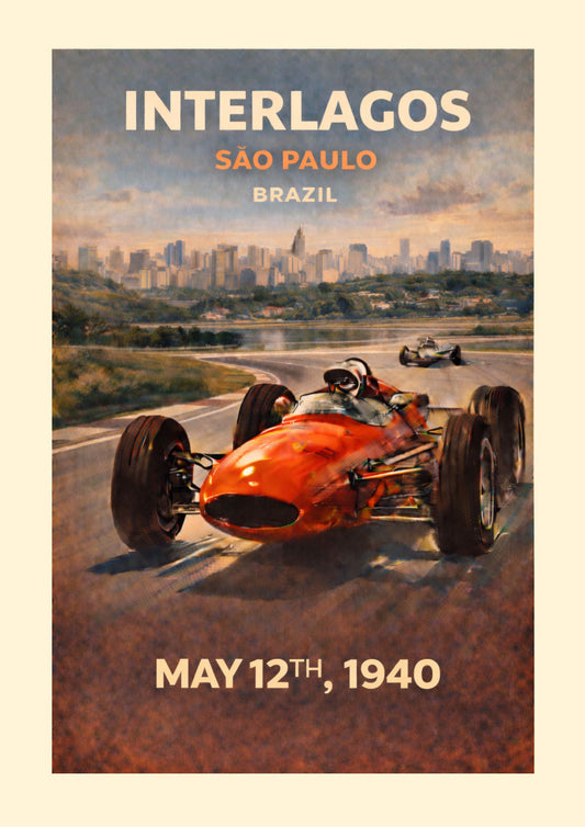 Interlagos São Paulo Art Print Vintage Racing Poster Brazil F1 Wall Decor Formula 1 History Gift Classic Race Car, Sao Paulo Skyline