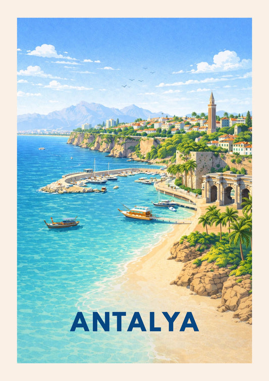 Antalya Turkey Travel Poster Modern Coastal Wall Decor Mediterranean Art Illustration Turkish Riviera Gift Seaside Landscape Print