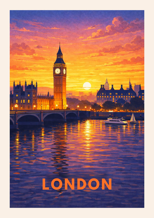 London England Travel Poster Big Ben Art Print Modern Cityscape Wall Decor British Sunset Illustration Westminster Wanderlust Gift
