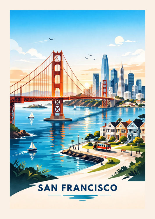 San Francisco California Travel Poster Golden Gate Bridge Art Print Modern Cityscape Wall Decor Painted Ladies Illustration Wanderlust Gift