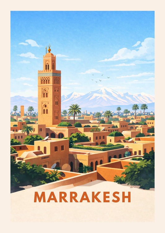 Marrakesh Morocco Travel Poster Koutoubia Mosque Art Print Modern Desert Cityscape Wall Decor Atlas Mountains Illustration Wanderlust Gift
