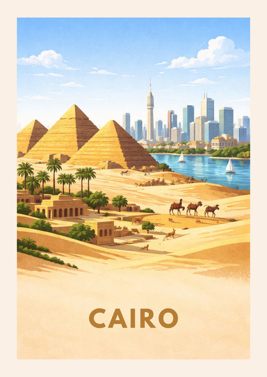 Cairo Egypt Travel Poster Great Pyramids of Giza Art Print Modern Cityscape Wall Decor Nile River Illustration Wanderlust Gift