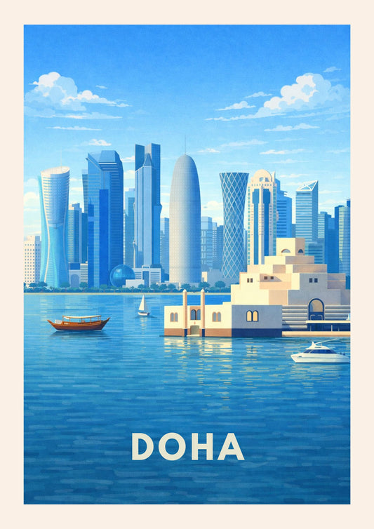 Doha Qatar Travel Poster West Bay Art Print Modern Cityscape Wall Decor Museum of Islamic Art Illustration Wanderlust Gift