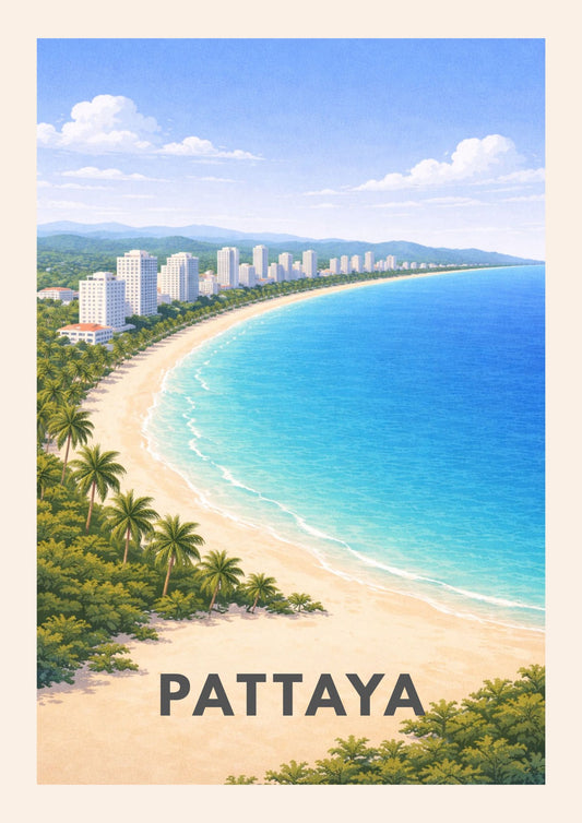 Pattaya Thailand Travel Poster Gulf of Siam Art Print Modern Coastal Wall Decor Tropical Beach Illustration Wanderlust Gift