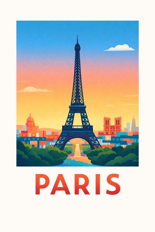 Paris France Travel Poster Eiffel Tower Art Print Modern Cityscape Wall Decor Seine River Illustration European Wanderlust Gift