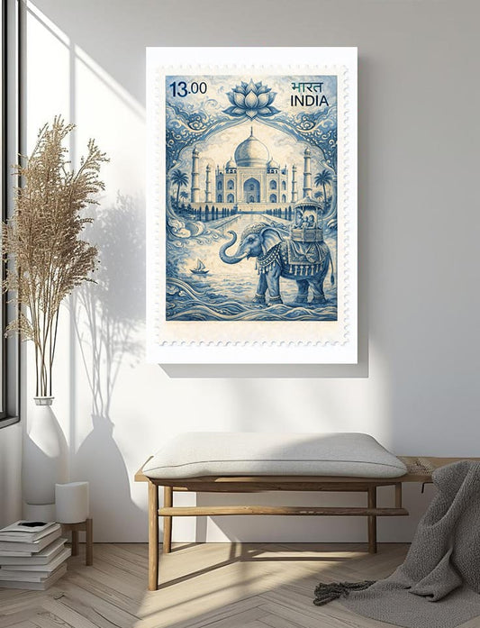 Vintage Indian Postage Stamp Wall Art – Taj Mahal & Elephant Blue Illustration Poster