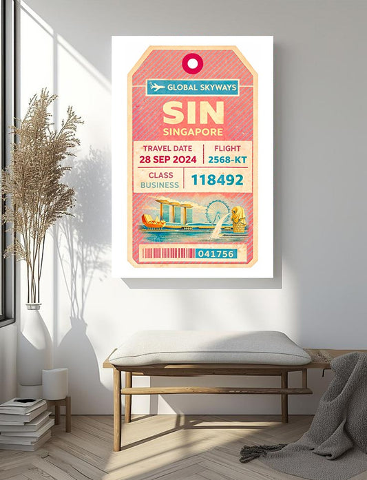 Singapore Travel Art Print – Vintage Boarding Pass Luggage Tag Wall Decor