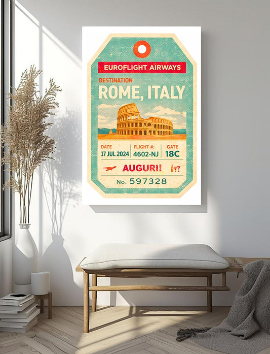 Vintage Rome Italy Luggage Tag Art Print – Retro Euroflight Airways Travel Poster with Colosseum & "AUGURI!" for Travel Wall Decor and Italian Heritage Collection