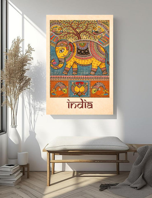Indian Folk Elephant Wall Art – Madhubani Style Traditional India Cultural Illustration
