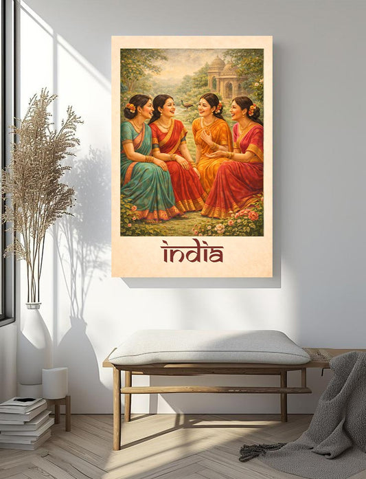 Indian Women Illustration Wall Art – Traditional Saree Culture, Vintage India Lifestyle Poster