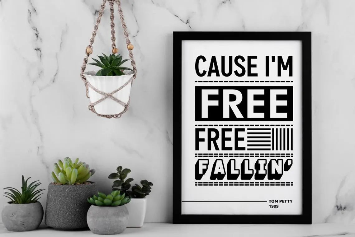Free Fallin’ Lyric Wall Art | Bold Typography Music Print | Black and White Statement Poster