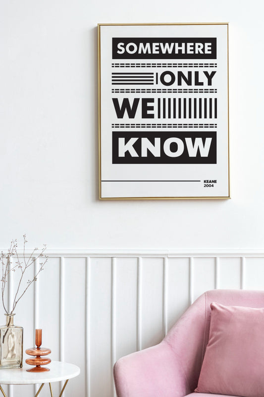 Somewhere Only We Know Poster | Minimal Lyric Typography | Black and White Music Wall Art