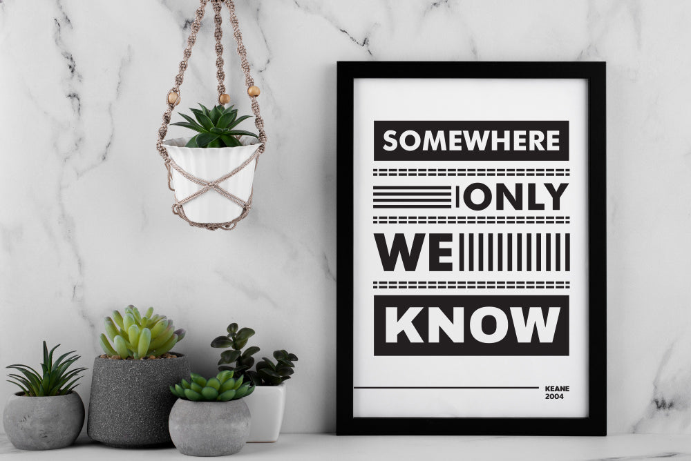 Somewhere Only We Know Poster | Minimal Lyric Typography | Black and White Music Wall Art