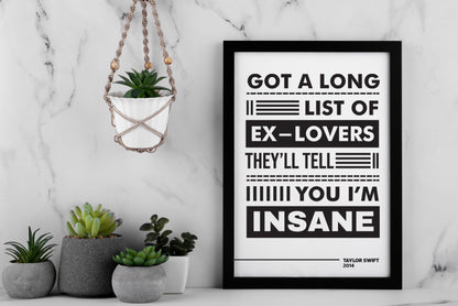 Taylor Swift Got A Long List Of Ex-Lovers Lyric Art, Music Decor,