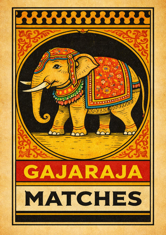 Vintage Gajaraja Elephant Art Print Retro Matchbox Label Poster Indian Style Illustration Aesthetic Wall Decor Yoga Studio Gift