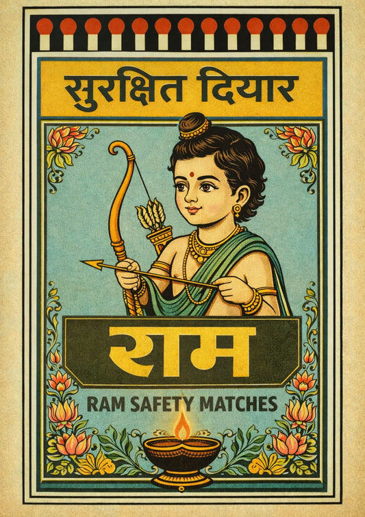 Vintage Ram Safety Matches Art Print Retro Indian Style Illustration Aesthetic Wall Decor Yoga Studio Gift Hindu Mythology Art