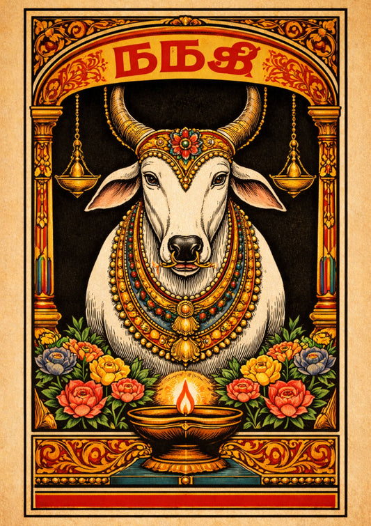 Vintage Sacred Cow Art Print Retro Matchbox Label Poster Indian Style Illustration Aesthetic Wall Decor Yoga Studio Gift