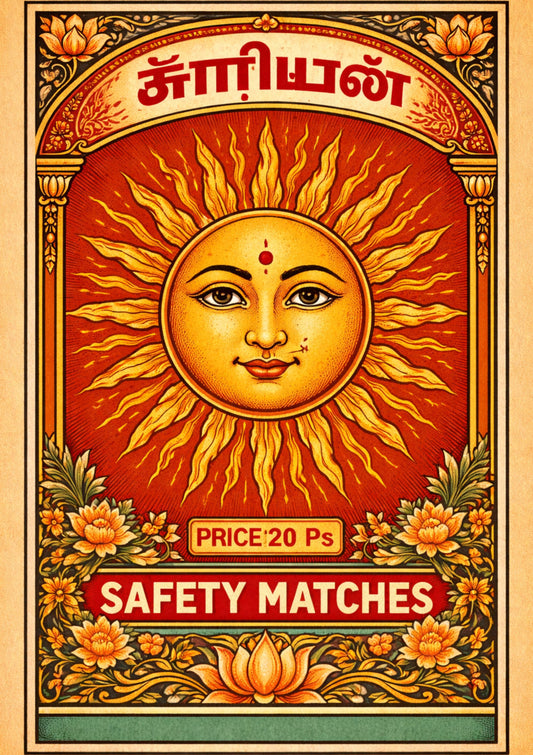Vintage Surya Sun Art Print Retro Matchbox Label Poster Indian Style Illustration Aesthetic Wall Decor Yoga Studio Gift Celestial Art