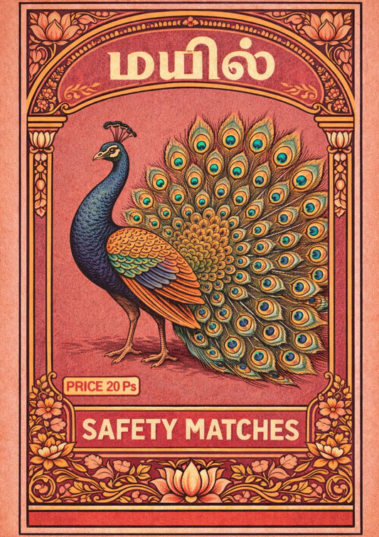 Vintage Peacock Matchbox Art Print Retro Indian Style Illustration Aesthetic Wall Decor Nature Lover Gift Colorful Bird Poster