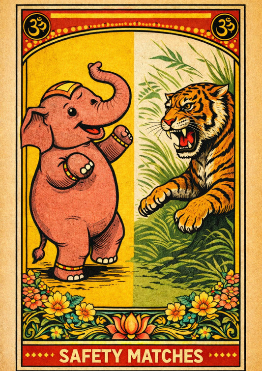 Vintage Elephant and Tiger Art Print Retro Matchbox Label Poster Indian Style Illustration Aesthetic Wall Decor Nursery Travel Gift