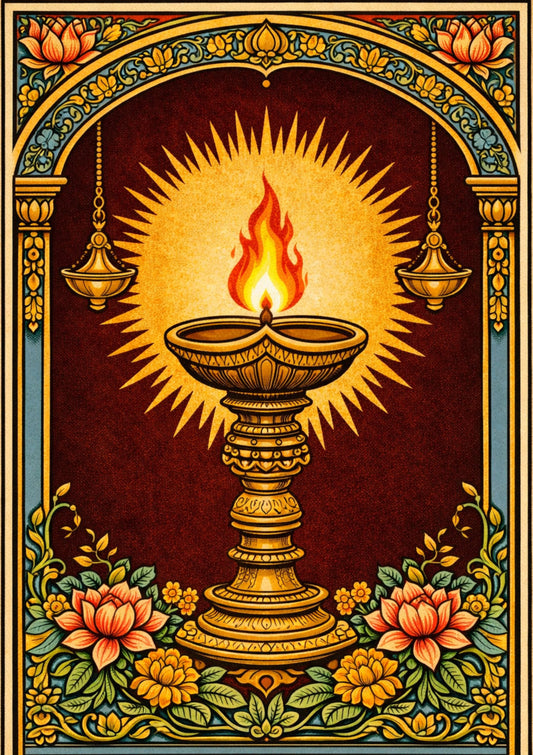 Vintage Sacred Flame Art Print Retro Matchbox Label Poster Indian Style Oil Lamp Illustration Aesthetic Wall Decor Yoga Studio Gift