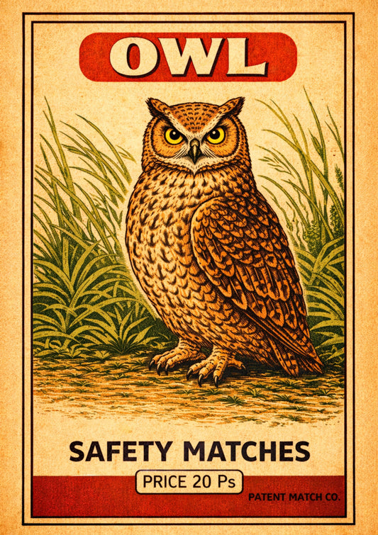 Vintage Owl Safety Matches Art Print Retro Matchbox Label Poster Antique-Style Illustration Cabin Decor Gift