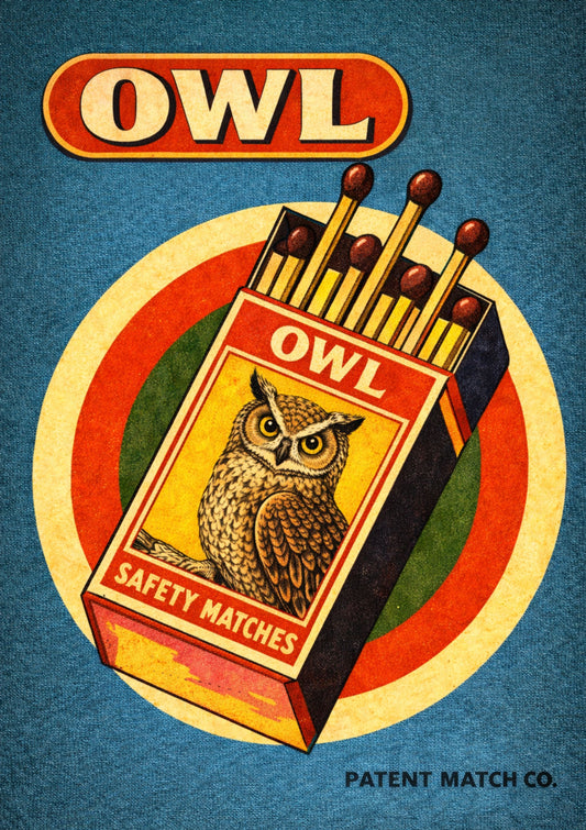 Retro Owl Matchbox Art Print Vintage Style Safety Matches Poster Antique Illustration Cabin Decor Aesthetic Gift