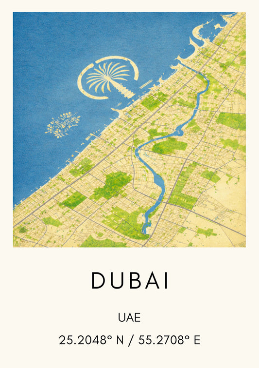 Dubai UAE Map Art Print Modern Minimalist City Map Poster Middle East Wall Decor Travel Gift Palm Jumeirah Art
