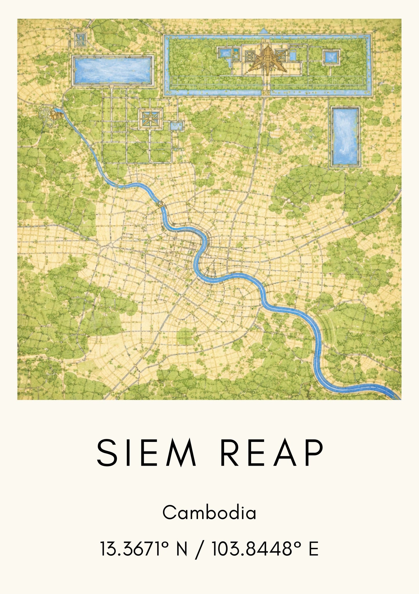 Siem Reap Cambodia Map Art Print Modern Minimalist City Map Poster Southeast Asia Wall Decor Travel Gift Angkor Wat Area Art