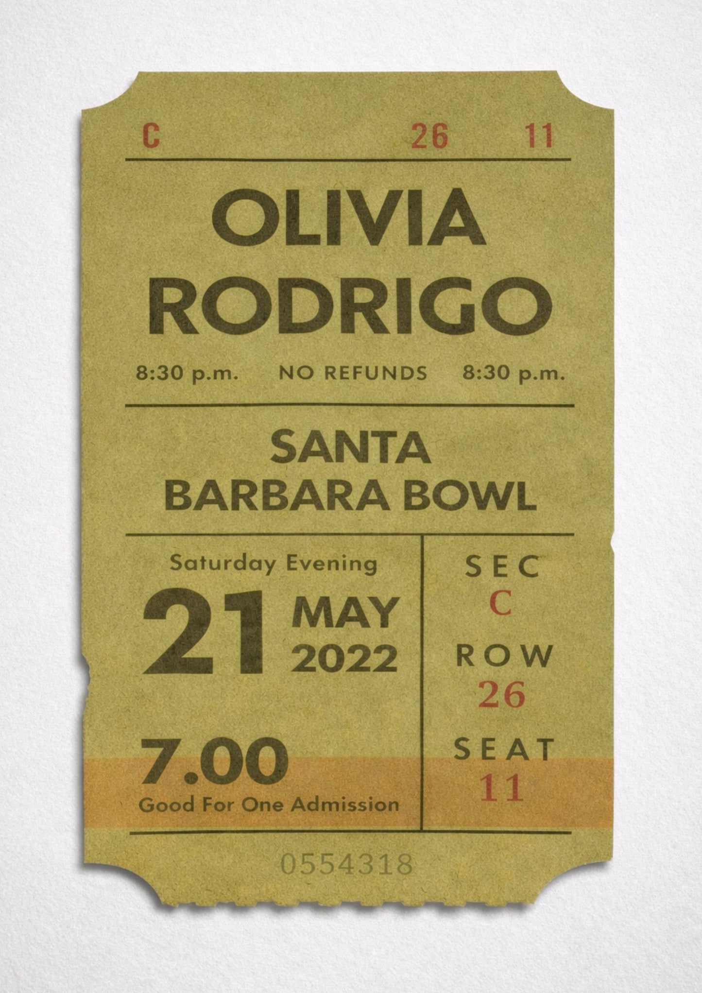 Olivia Rodrigo Ticket Stub Print 2022 Santa Barbara Bowl Concert Poster Retro Music Wall Art Pop Music Fan Gift Sour Tour Memorabilia