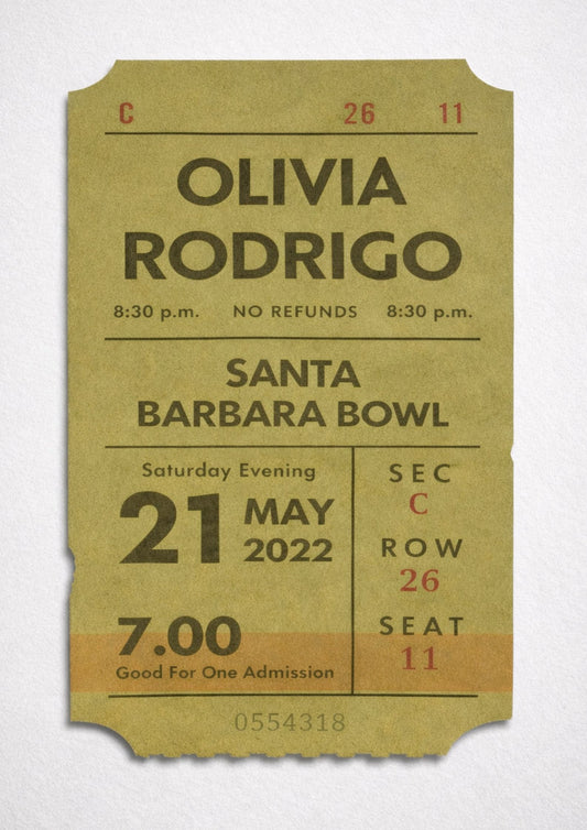 Olivia Rodrigo Ticket Stub Print 2022 Santa Barbara Bowl Concert Poster Retro Music Wall Art Pop Music Fan Gift Sour Tour Memorabilia