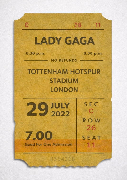 Vintage Lady Gaga Ticket Stub Print 2022 London Concert Poster Retro Music Wall Art Chromatica Ball Tour Fan Gift Tottenham Hotspur Stadium