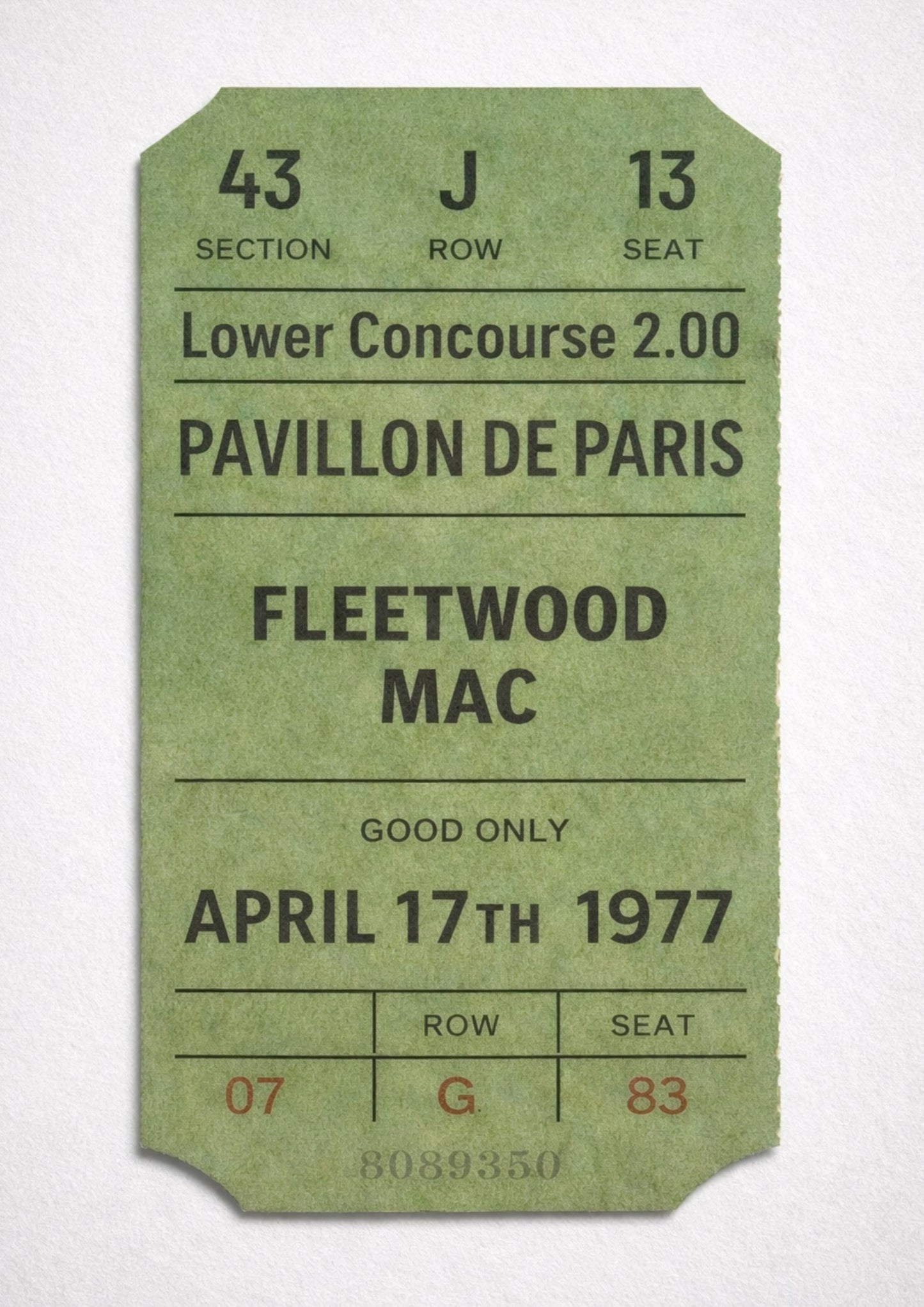 Vintage Fleetwood Mac Ticket Stub Print 1977 Paris Concert Poster Retro Music Wall Art Classic Rock Fan Gift Pavillon de Paris