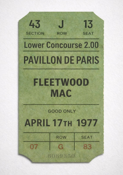 Vintage Fleetwood Mac Ticket Stub Print 1977 Paris Concert Poster Retro Music Wall Art Classic Rock Fan Gift Pavillon de Paris
