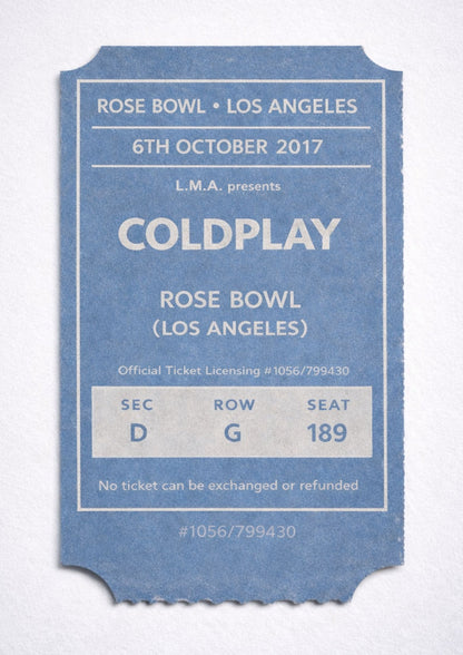 Coldplay Concert Ticket Stub Print Rose Bowl Los Angeles 2017 Retro Music Wall Art A Head Full of Dreams Tour Gift for Coldplay Fans