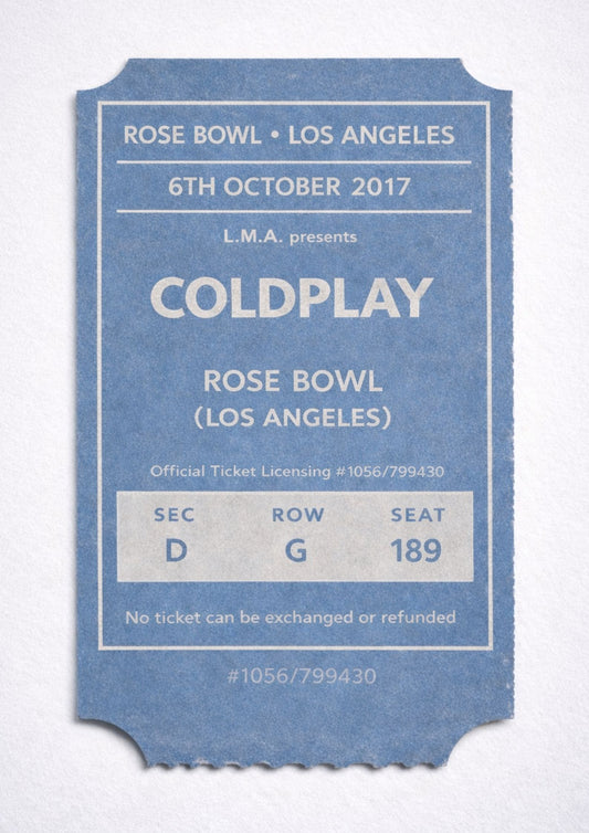 Coldplay Concert Ticket Stub Print Rose Bowl Los Angeles 2017 Retro Music Wall Art A Head Full of Dreams Tour Gift for Coldplay Fans