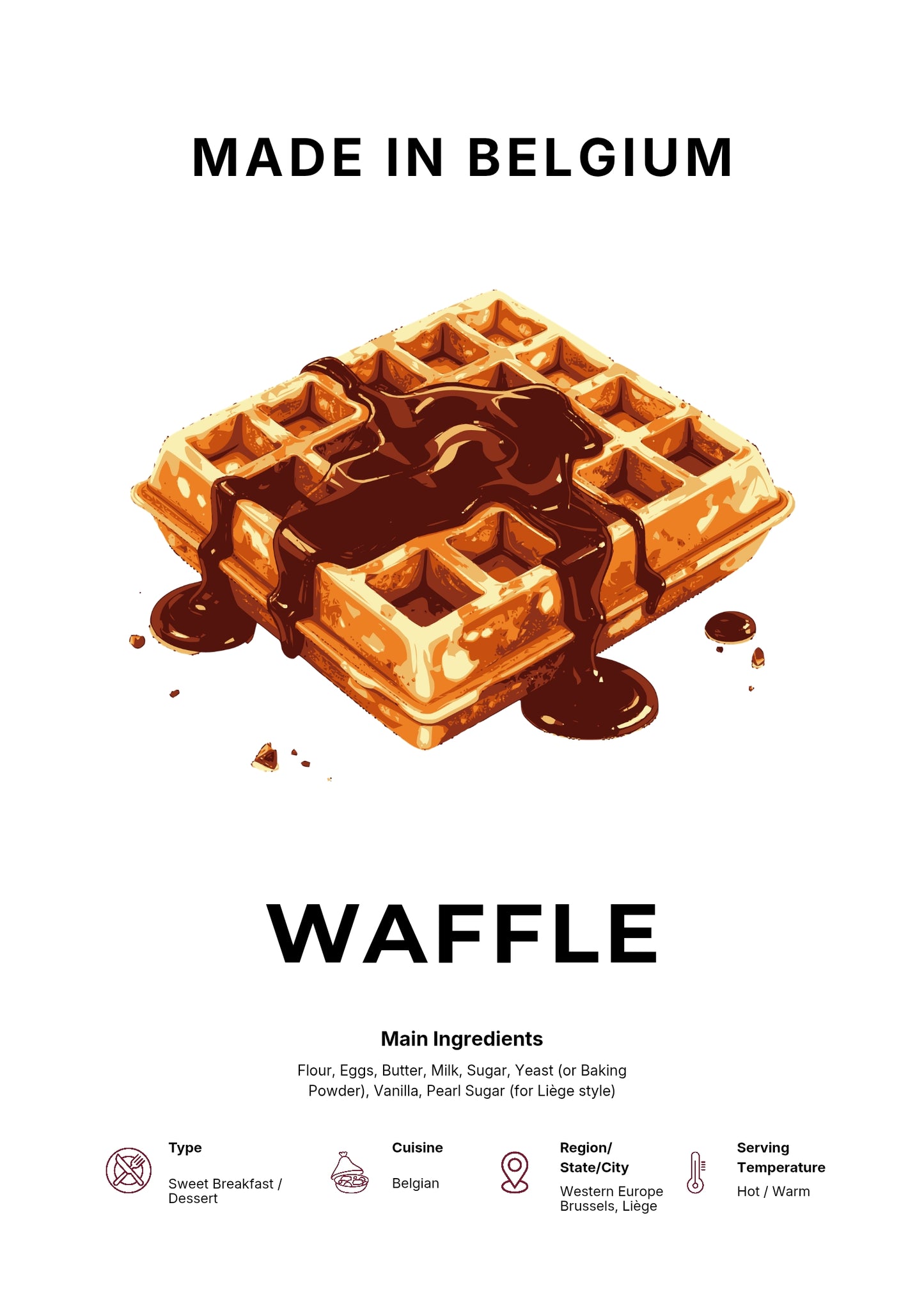 Waffle Art Print Modern Kitchen Wall Decor Gourmet Food Poster Made in Belgium Illustration Foodie Gift Belgian Cuisine Art Dessert Poster