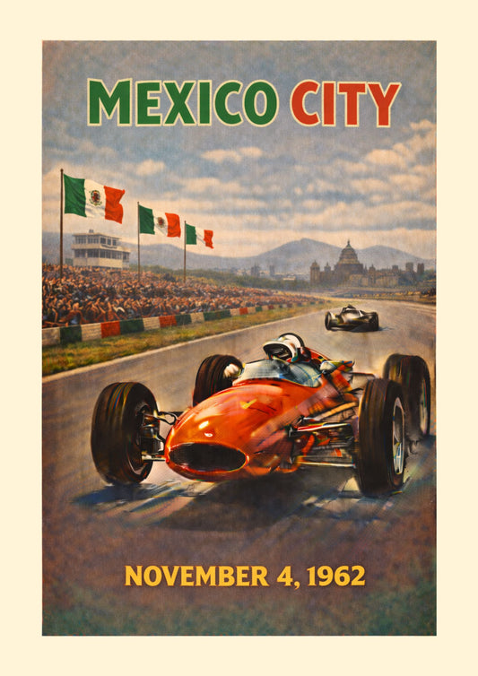 Mexico City Art Print, Vintage Racing Poster, Mexican Grand Prix Wall Decor, F1 History Gift, Classic Race Car, Retro Auto Sport.