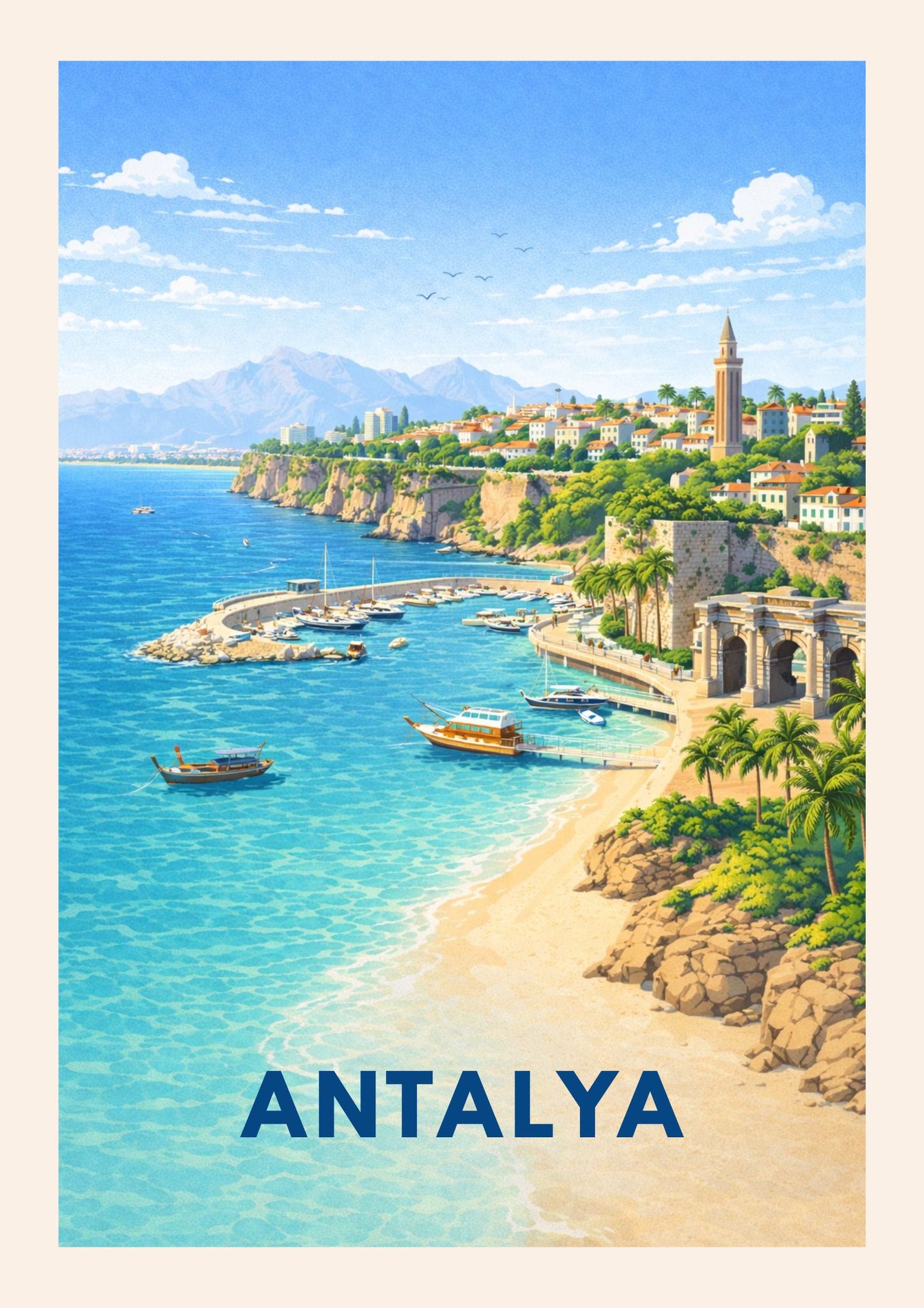 Antalya Turkey Travel Poster Modern Coastal Wall Decor Mediterranean Art Illustration Turkish Riviera Gift Seaside Landscape Print