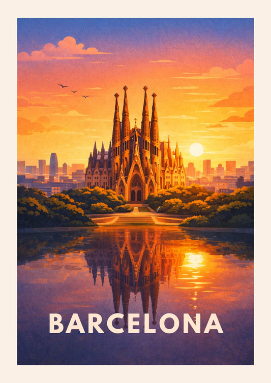 Barcelona Spain Travel Poster Sagrada Familia Art Print Modern Cityscape Wall Decor Spanish Sunset Illustration Wanderlust Gift