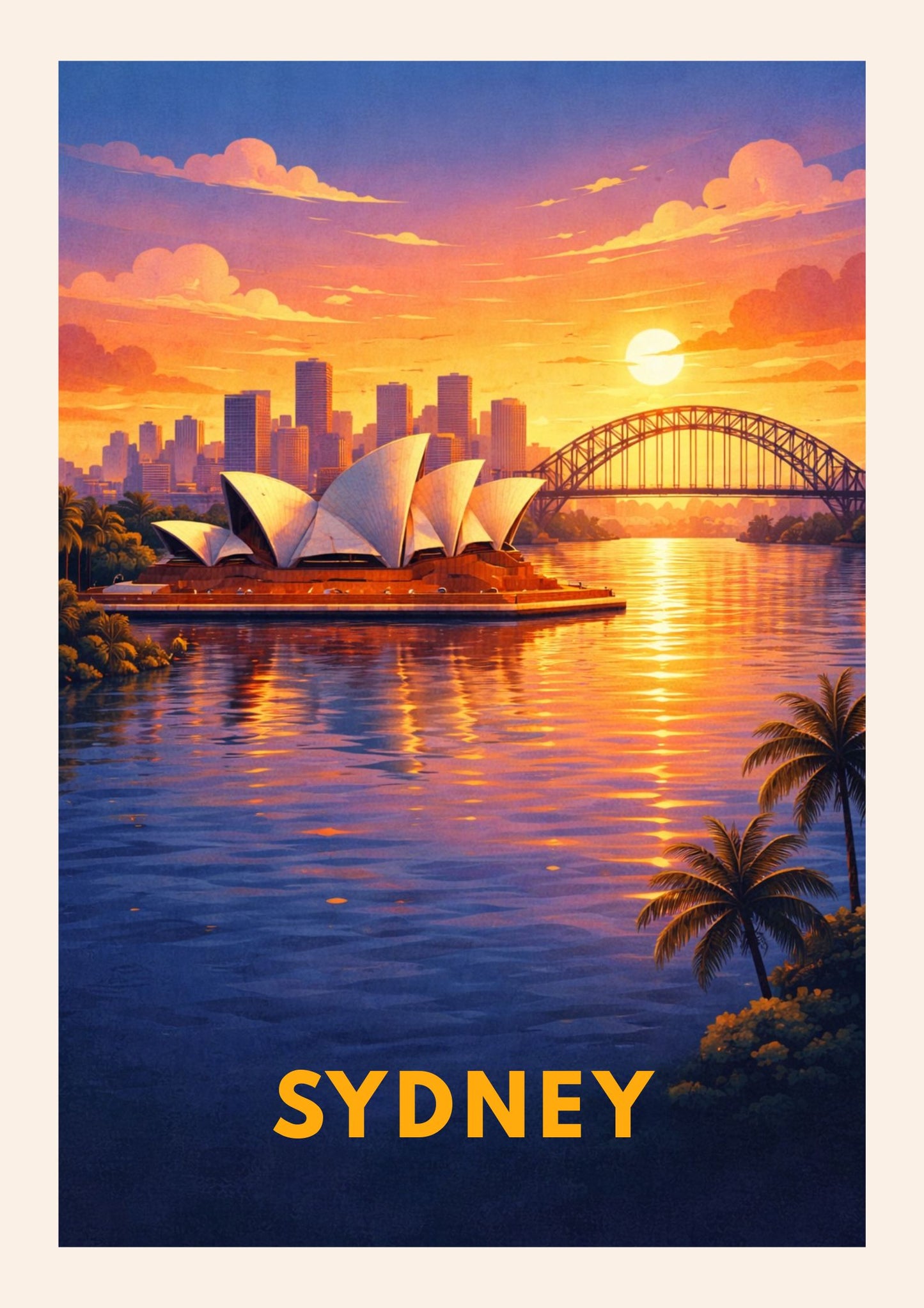 Sydney Australia Travel Poster Opera House Harbour Bridge Wall Decor Modern Cityscape Art Sunset Illustration Wanderlust Gift