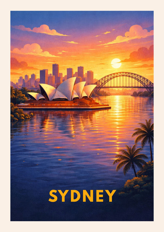Sydney Australia Travel Poster Opera House Harbour Bridge Wall Decor Modern Cityscape Art Sunset Illustration Wanderlust Gift