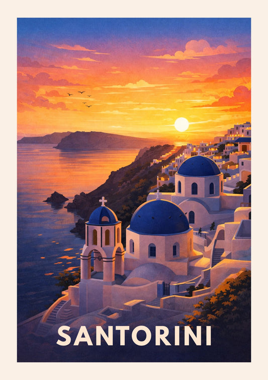 Santorini Greece Travel Poster Oia Sunset Art Print Modern Coastal Wall Decor Mediterranean Cyclades Illustration Wanderlust Gift