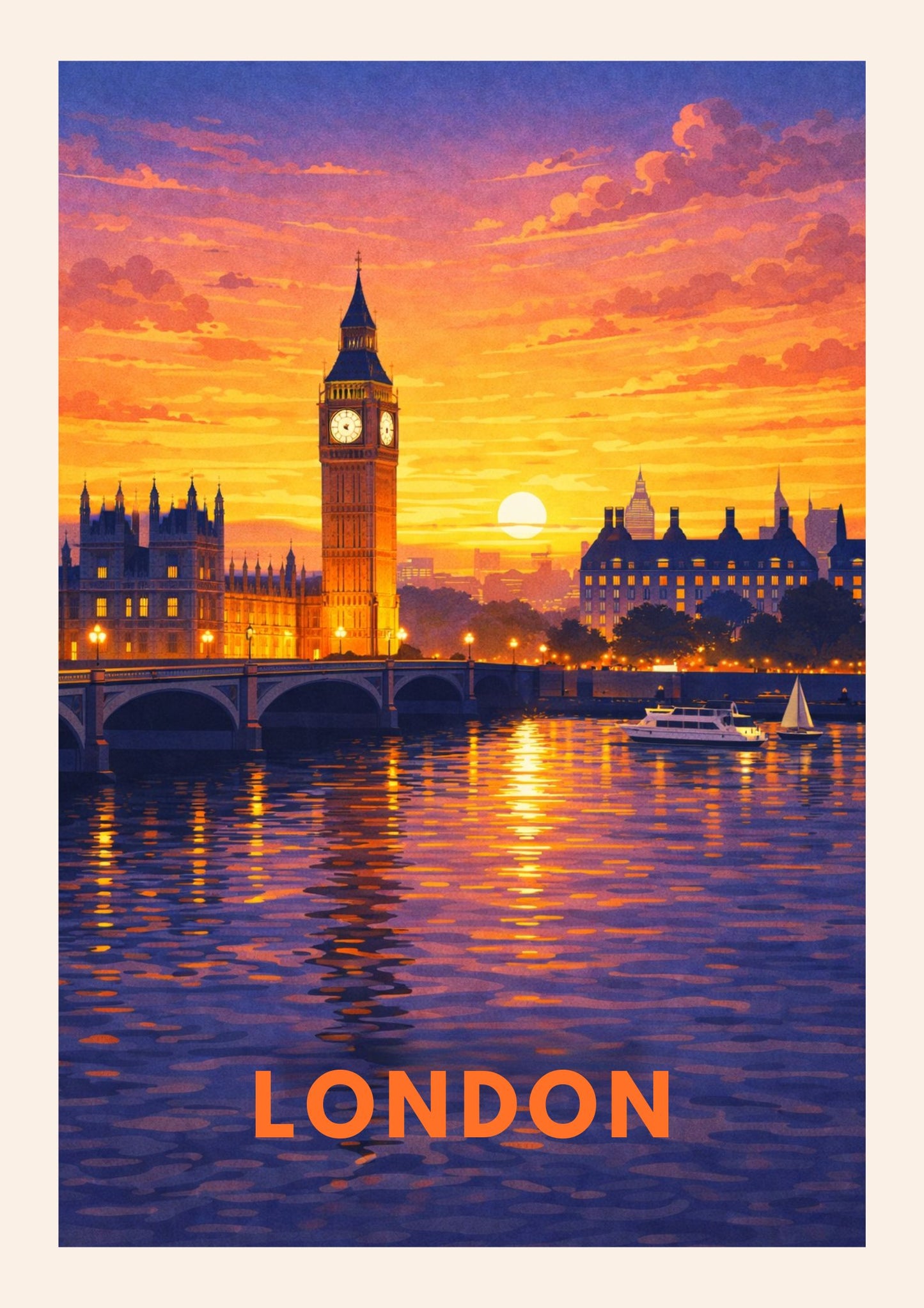 London England Travel Poster Big Ben Art Print Modern Cityscape Wall Decor British Sunset Illustration Westminster Wanderlust Gift