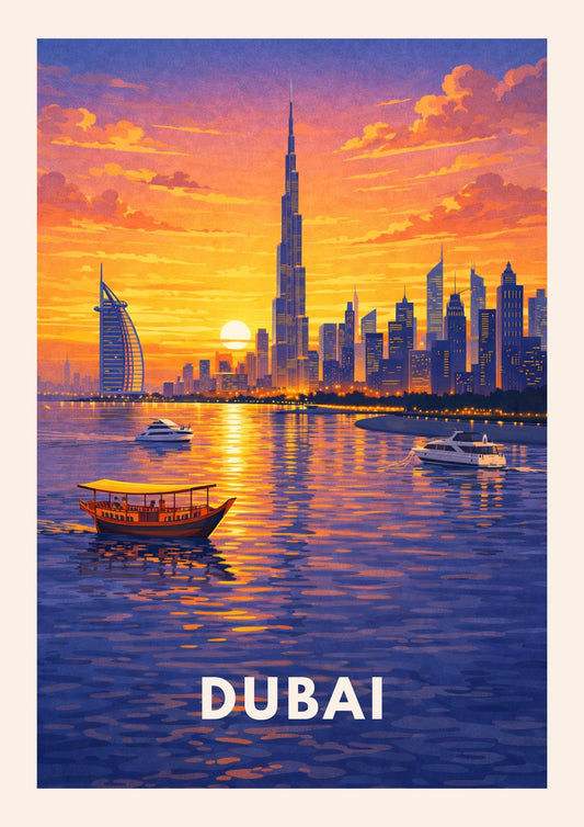 Dubai UAE Travel Poster Burj Khalifa Art Print Modern Cityscape Wall Decor United Arab Emirates Sunset Illustration Wanderlust Gift