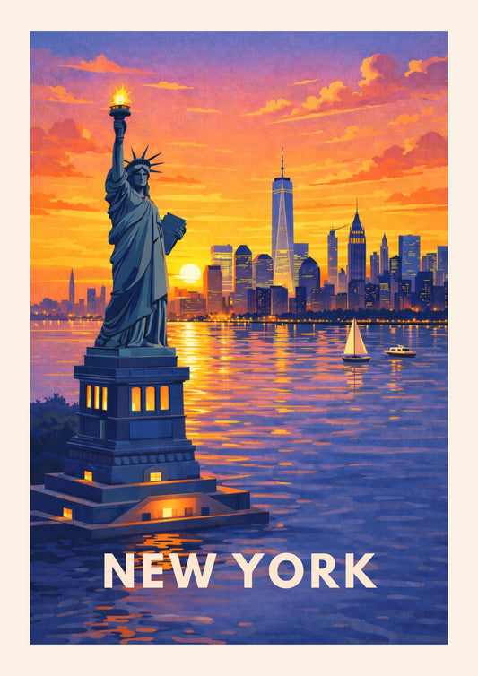New York City Travel Poster Statue of Liberty Art Print Modern Cityscape Wall Decor NYC Sunset Illustration Manhattan Wanderlust Gift